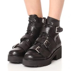 ASH Women's Razor Leather Triple Strap Boot | Lug Sole Black Booties | 37